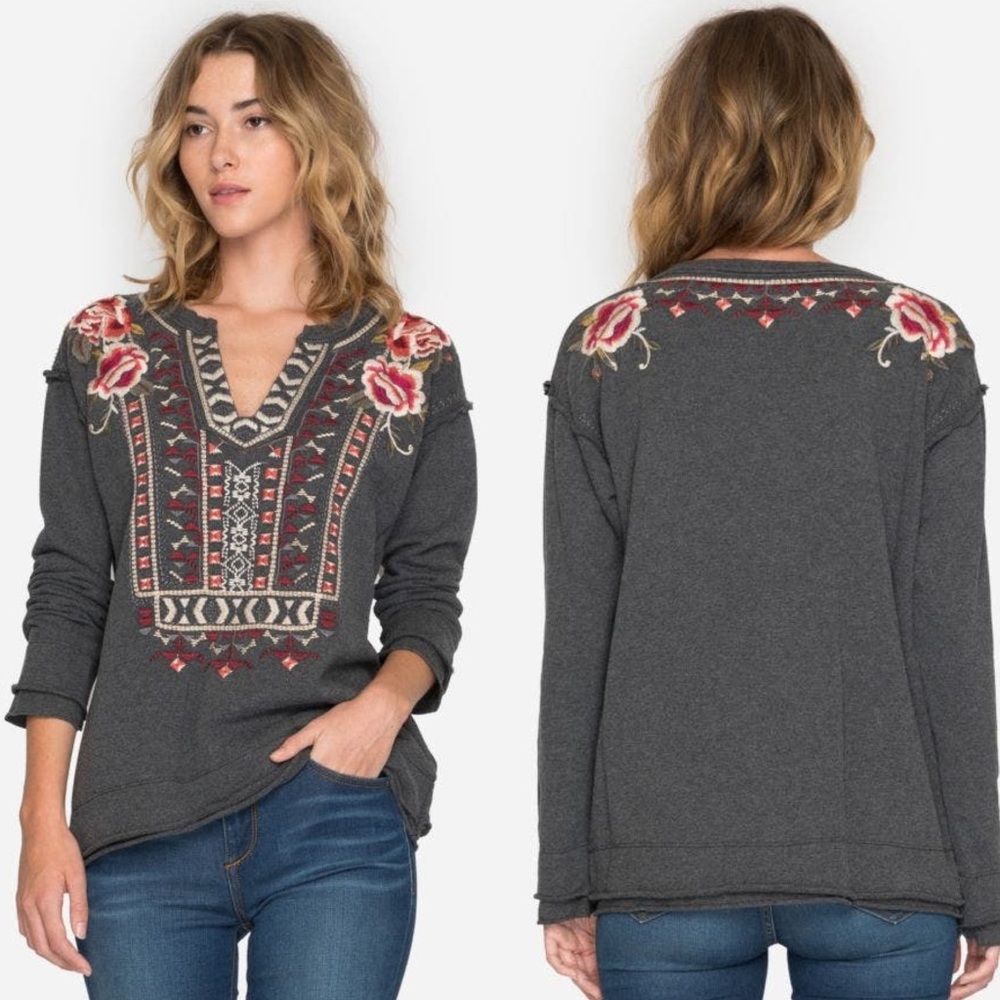 Johnny Was Issoria Popver Floral Signature Embroidered Cotton Sweatshirt Size XL